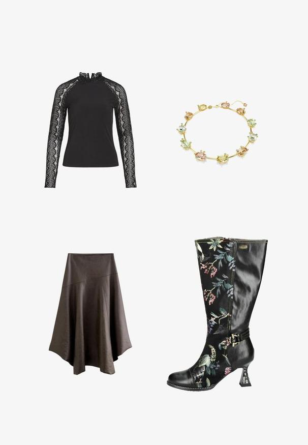 Zwart lang mouwen top met een hoge gerimpelde kraag en kanten mouwen met een geschulpte patroon, gemaakt van een gladde stof.; Donkerbruin faux leren asymmetrische midi rok met gestikte panels en een uitlopende zoom.; Kniehoge zwarte leren laarzen met bloemengestikte motieven, een puntige neus en een decoratieve gesp. De unieke hak heeft accenten die lijken op edelstenen.; Gouden ketting met meerdere ovale stenen in pastelkleuren van roze, groen en geel, verfraaid met kleine kleurrijke edelstenen.