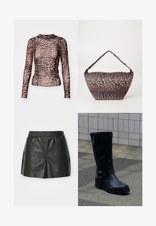 Dlhý rukáv top vyrobený z priesvitného materiálu s leopardím vzorom v hnedej a čiernej farbe, s vysokým golierom a priliehavým strihom.; Čierne kožené šortky s elastickým pásom, strihom na mieru a postrannými rozparkami pre lepší pohyb a ventiláciu. Hladká textura.; Čierna kožená topánka po lýtko s nízkym blokovým podpätkom a dekoratívnym remienkom s kovovou prackou okolo členka, na dlaždenom chodníku.; Taška cez rameno z materiálu s leopardím vzorom, so širokým, asymetrickým tvarom, textúrovaným povrchom a jedným polstrovaným ramenným popruhom.