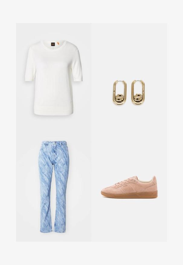 Top de punto blanco de manga corta con escote redondo, dobladillo acanalado y textura suave. Etiqueta con logo en la parte del cuello en color naranja.; Jeans de mezclilla azul claro con un patrón ondulado y marmoleado, que cuentan con una cintura alta, piernas rectas, cinco bolsillos y una cremallera de botón.; Zapatillas de ante rosa claro con suela de goma, punta redondeada y cierre con cordones. Presenta una marca mínima en el lateral y en el talón.; BOSS DOUBLE B SWING - Pendientes - gold-coloured