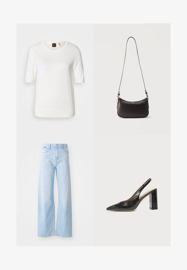 Top de punto blanco de manga corta con escote redondo, dobladillo acanalado y textura suave. Etiqueta con logo en la parte del cuello en color naranja.; Jeans de pierna ancha azul claro fabricados en denim, con cintura alta, bolsillos frontales, cierre de botón y detalles de dobladillo cosido.; Zapato slingback de piel negra con puntera puntiaguda, tacón alto y ancho, y forro interior beige sobre un fondo claro y liso.; Bolso bandolera de cuero negro con cremallera dorada, logotipo dorado "BOSS" y correa ajustable sobre fondo claro liso.
