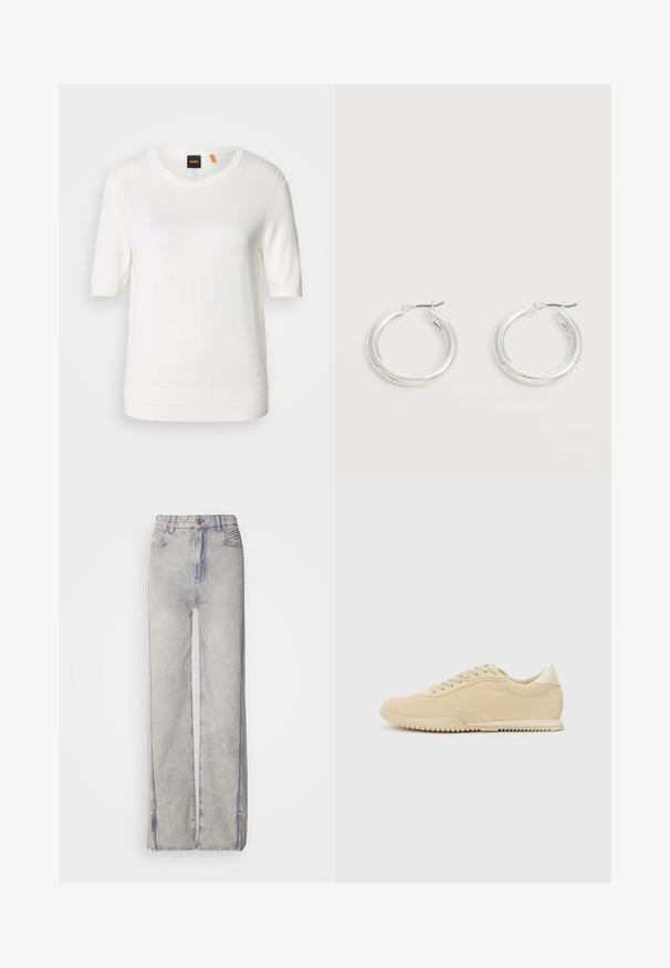 Hvid kortærmet strik-top med rund halsudskæring, ribkant og blød tekstur. Logomærke med orange detalje ved kraven.; Lyseblå vid-leg jeans lavet af denim med en falmet vask, der har lynlås, fem lommer og kontraststikning.; Beige ruskinds sneakers med snørebånd, struktureret overflade, kontrasterende gummisål og en let hæl. Minimalistisk stil med diskret branding.; Par mellemstore skinnende sølv hoops øreringe med tynde metal spænder på en lys neutral baggrund.
