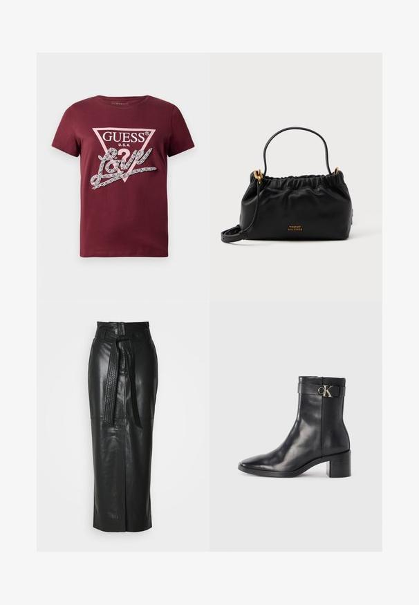T-shirt bordeaux à manches courtes avec un logo en triangle GUESS USA rose pâle et le texte cursif "Love" orné de strass.; Jupe en cuir noir à taille haute, avec une ceinture et une coupe droite. Elle présente une légère brillance et une fente à l'avant pour faciliter les mouvements.; Botte de cheville en cuir noir avec un bout pointu, un talon carré et une sangle avec un détail de logo métallique. Texture lisse et design minimaliste.; Sac à main en cuir noir avec un haut froncé, une courte poignée et une bandoulière amovible. Présente un accent logo en or et une texture lisse.