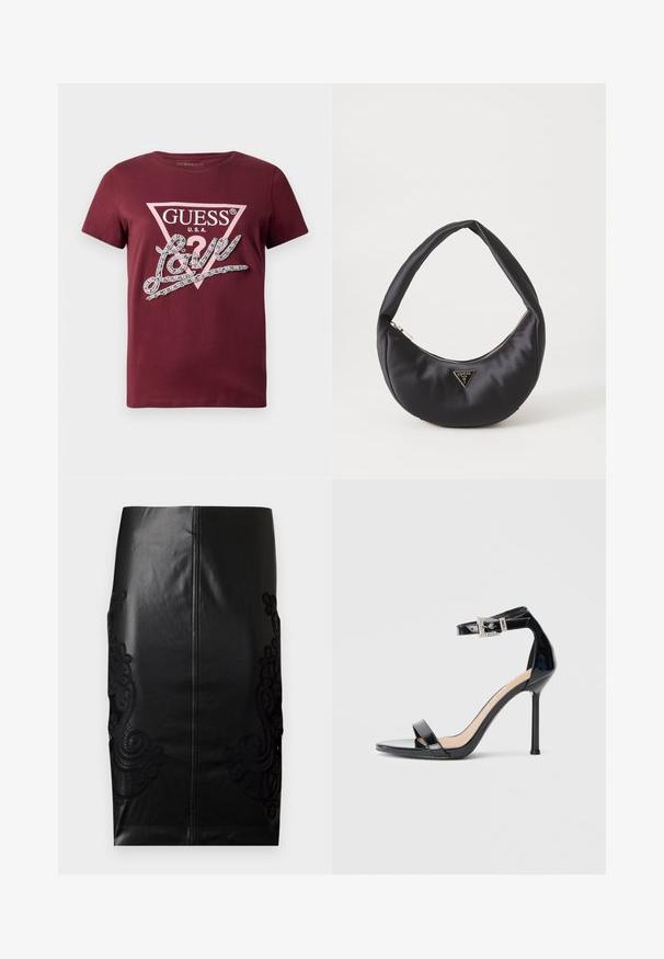 T-shirt bordeaux à manches courtes avec un logo en triangle GUESS USA rose pâle et le texte cursif "Love" orné de strass.; Jupe crayon en cuir noir avec un délicat broderie en dentelle noire sur les côtés, dos sans couture et texture lisse. Coupe classique et silhouette.; Sandale à talon haut en cuir verni noir avec bride à la cheville. Présente un design minimaliste, un bout ouvert et une boucle ornée de strass.; Sac à main en satin noir avec une forme courbée, doté d'une fermeture à glissière et d'un logo triangulaire en métal à l'avant. Texture lisse et design épuré.