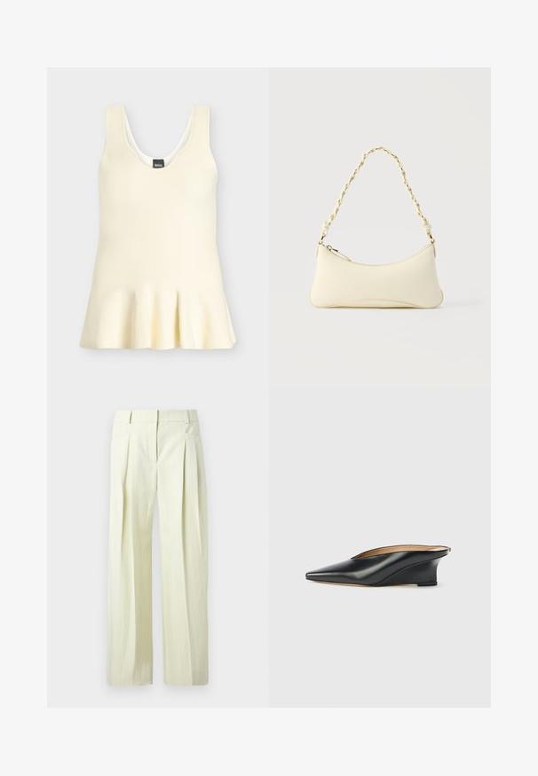Haut en tricot crème sans manches avec encolure dégagée et ourlet légèrement évasé, avec une étiquette noire avec texte blanc à l'intérieur du col.; Pantalon ample couleur crème avec fines rayures verticales, plis à l'avant, poches latérales, et passants pour ceinture.; Chaussure compensée en cuir verni noir avec un bout pointu et un dos ouvert, présentant un design élégant et courbé ainsi qu'un style minimaliste.; Petit sac à main couleur crème avec une forme incurvée et une poignée en chaîne torsadée ton or, fermeture éclair sur le dessus