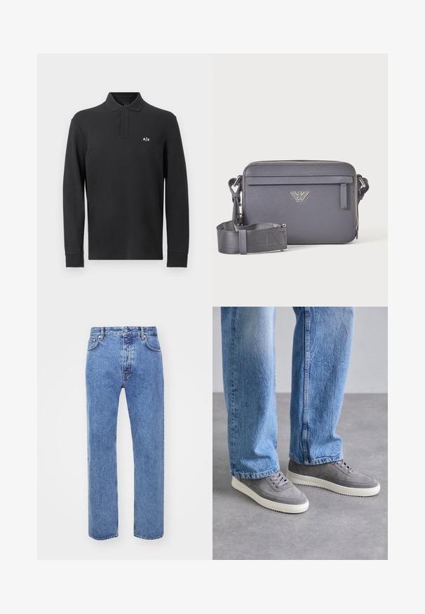 Polo negra de manga larga hecha de algodón, con cuello y un pequeño logo blanco en la parte izquierda del pecho. Textura suave.; Won Hundred STEVE - Vaqueros boyfriend - cut blue; Zapatillas grises con parte superior de ante y suela de goma. Presentan punta redondeada, seis oberturas para cordones y detalles texturizados. Combinadas con unos jeans de color azul claro.; Bolso bandolera rectangular gris oscuro con correa ajustable, bolsillo frontal con cremallera y emblema de logo plateado.