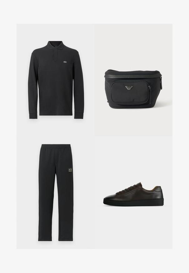 Polo negra de manga larga hecha de algodón, con cuello y un pequeño logo blanco en la parte izquierda del pecho. Textura suave.; Pantalones de chándal negros de pierna recta con cintura elástica y logotipo negro en el muslo izquierdo superior.; Zapatilla de perfil bajo de cuero marrón oscuro con suela de goma negra, cierre de cordones y diseño liso y minimalista sobre un fondo claro.; Riñonera negra con bolsillo frontal con cremallera y logo de águila plateado, tela lisa con ribete texturizado y tiradores de cremallera.