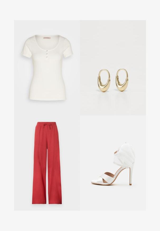 Haut blanc à manches courtes à côtes, avec un décolleté arrondi, doté de trois boutons décoratifs à l'avant. Texture lisse, design ajusté.; Pantalon rouge à jambes larges avec taille élastique et cordon, en tissu doux.; La sandale blanche à talons hauts présente des brides en satin et un accent en tissu transparent à l'arrière. Texture lisse et design ouvert à l'avant. Silhouette élégante.; Boucles d'oreilles en or en forme de tube courbé. Surface lisse et brillante avec une fermeture à charnière sans soudure. Design simple et élégant.