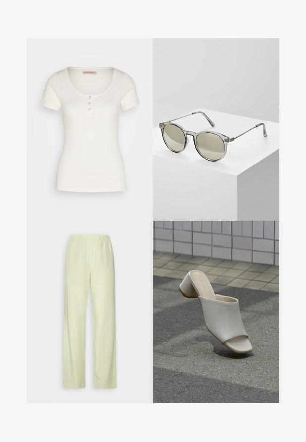Haut blanc à manches courtes à côtes, avec un décolleté arrondi, doté de trois boutons décoratifs à l'avant. Texture lisse, design ajusté.; Samsøe Samsøe HOYS STRAIGHT PANTS - Pantalon classique - aloe wash; Mule blanche à bout ouvert avec talon bloc sur sol pavé près d'un mur carrelé, inclinée pour montrer les vues latérale et supérieure.; Lunettes de soleil rondes avec des montures grises transparentes et des verres teintés en gris. Éléments en métal sur les branches et bras courbés pour la stabilité.