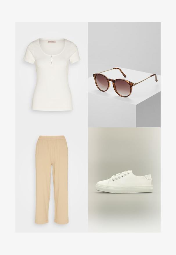 Haut blanc à manches courtes à côtes, avec un décolleté arrondi, doté de trois boutons décoratifs à l'avant. Texture lisse, design ajusté.; Pantalons courts beiges, légers, avec une taille élastique. Présentent une coupe ample et une texture lisse, adaptés à un style décontracté.; Baskets basses blanches avec lacets blancs et semelle en caoutchouc, vues de côté sur un fond neutre.; Lunettes de soleil écaille de tortue avec verres dégradés et fins accents en métal doré. Dotées de montures arrondies et de branches élégantes pour un look moderne.