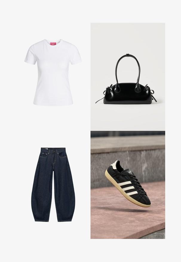 Hvid slimfit t-shirt med korte ærmer og rund halsudskæring med en lyserød JJXX-label indeni kraven, vist mod en ensfarvet baggrund.; Mørkeblå vidde jeans med frontlommer, bæltestropper og knaplukning i taljen.; Sort Adidas sneaker med hvide striber og beige sål, fanget i luften over en stenet overflade og baggrund af en stenmur.; Lille sort blank håndtaske med to lange håndtag og snøre-detaljer i siden på en ensfarvet lys baggrund.