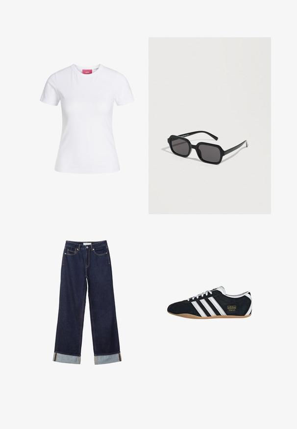 Hvid slimfit t-shirt med korte ærmer og rund halsudskæring med en lyserød JJXX-label indeni kraven, vist mod en ensfarvet baggrund.; Mørkeblå vidde jeans med omslag ved buksebenet, forreste knap, lynlås og design med fem lommer.; Sort ruskinds sneaker med hvide tre striber, guldlogo og en brun gummisål. Har et lavprofil snørebåndsdesign.; Sorte solbriller med rektangulær form, mørke linser og en blank finish. Fremhævet med diskret branding på stængerne.