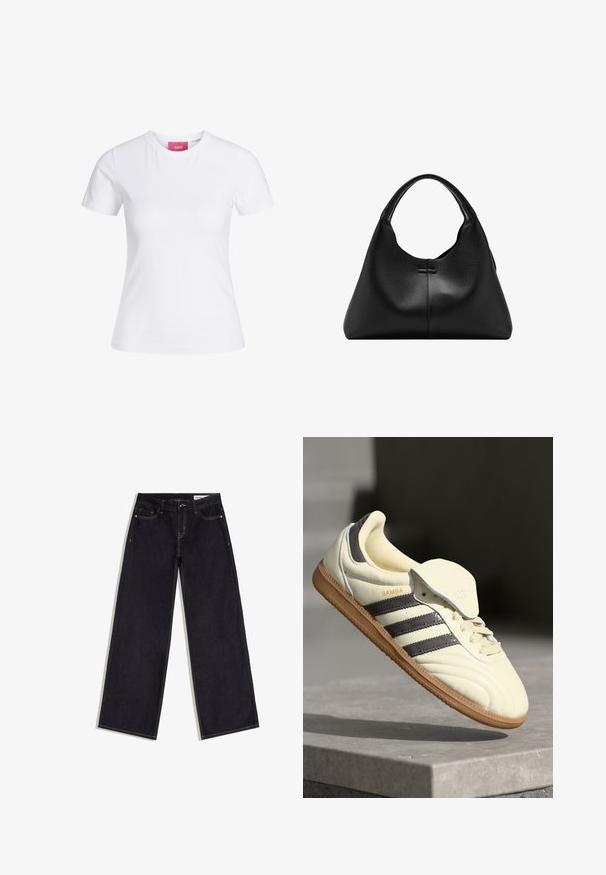 Hvid slimfit t-shirt med korte ærmer og rund halsudskæring med en lyserød JJXX-label indeni kraven, vist mod en ensfarvet baggrund.; Mørkeblå jeans med vide ben, forlommer, bæltestropper og kontrastsyninger, lagt fladt på en hvid baggrund.; Cremefarvede lædersneakers med tre mørke striber, en brun gummisål og en afrundet tå. Har en foldbar tunge mærket "SAMBA."; Sort tekstureret læderhåndtaske med et enkelt buet håndtag og en bred, halvmåneformet krop.