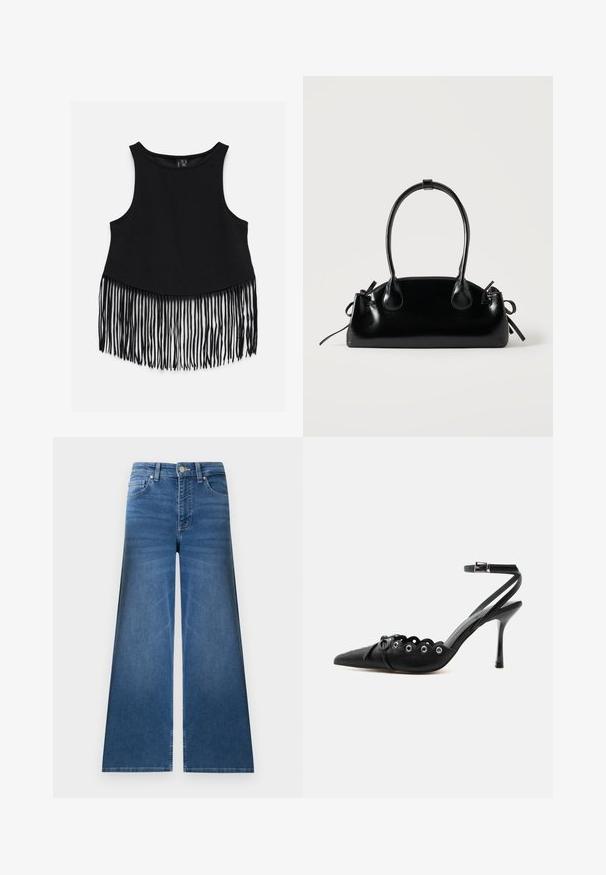 Top court noir sans manches avec de longues franges suspendues à l'ourlet sur fond blanc.; Jean en denim bleu à jambes larges avec poches avant et arrière, passants pour ceinture et fermeture par bouton.; Chaussure à talon haut noire à bout pointu, bords festonnés, œillets métalliques, lacets à l'avant et bride de cheville avec fermeture à boucle.; Petit sac à main noir brillant avec deux longues anses et des détails à cordon sur les côtés sur un fond clair uni.