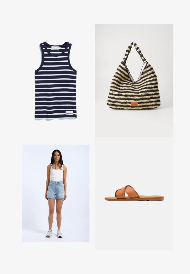 Donkerblauw tanktop met horizontale witte strepen, gemaakt van rekbare stof. Beschikt over een ronde hals en een klein merkje aan de zoom.; Jonge vrouw met lang donker haar, gekleed in een wit tanktopje, lichtblauwe spijkershorts en witte sneakers, staand tegen een effen achtergrond.; Bruine leren slidesandaal met kruisschouderbandjes, platte zool, fijne textuur en minimalistisch ontwerp voor casual gebruik.; Gestreepte geweven tas in zwart en beige, met een slouchy ontwerp, gestructureerd oppervlak en een klein leren accentpatch.
