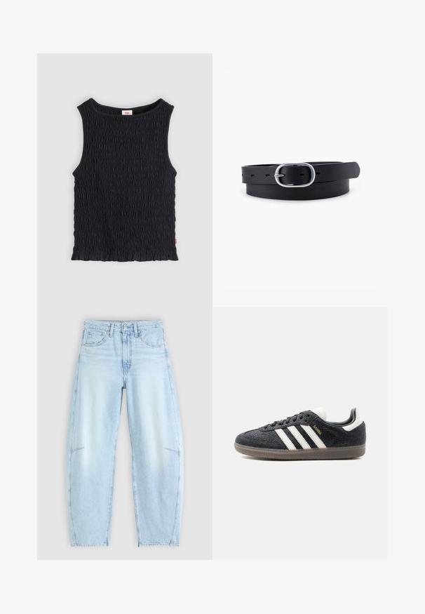 Haut noir sans manches avec tissu froncé texturé, encolure ronde et ourlet subtilement volanté.; Jean en denim bleu clair avec une coupe décontractée, doté d'une taille haute, d'un design à cinq poches et d'une légère décoloration avec des détails d'ourlet effilochés.; Baskets Adidas Samba noires avec des bandes blanches, semelle en gomme et texte doré "Samba" sur le côté, vues de profil gauche sur fond uni.; Ceinture en cuir noir au toucher lisse, boucle en métal argenté de forme ovale et plusieurs trous d'ajustement le long de la sangle. Design plat et minimal.