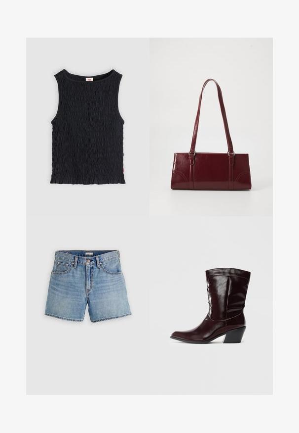 Haut noir sans manches avec tissu froncé texturé, encolure ronde et ourlet subtilement volanté.; Shorts en denim bleu clair, taille haute, avec cinq poches, une braguette zippée et un ourlet brut. Coutures classiques et texture légèrement délavée.; Bottines en cuir bourgogne avec un bout pointu, une surface texturée et un petit talon effilé. Présente une couture discrète et un ajustement confortable.; Sac à main bordeaux en matériau brillant, de forme rectangulaire, avec deux anses et des accents légèrement courbés à l'avant.