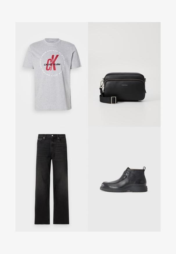 Camiseta de algodón gris con cuello redondo, mangas cortas y un gráfico central con "Calvin Klein" y "CK" en rojo y negro.; Jeans negros de pierna recta con diseño de cinco bolsillos, presillas para cinturón y cierre de botón, mostrados sobre un fondo blanco.; Botas de cuero negras hasta el tobillo con punta redondeada, diseño con cordones y una lengüeta en la parte trasera. Parte superior texturizada y suela de goma.; Bolso bandolera de cuero negro con dos compartimentos con cremallera, acabado texturizado, correa ajustable y acentos de hardware en plata. Logo de Calvin Klein exhibido.