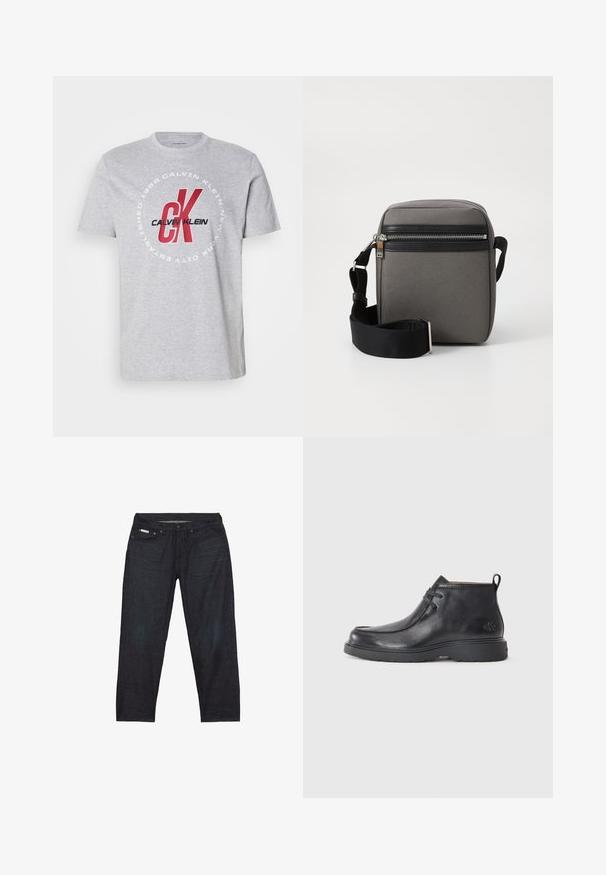 Camiseta de algodón gris con cuello redondo, mangas cortas y un gráfico central con "Calvin Klein" y "CK" en rojo y negro.; Pantalones vaqueros de mezclilla azul oscuro con corte recto, que cuentan con cinco bolsillos y detalles de costuras mínimas para un aspecto limpio.; Botas de cuero negras hasta el tobillo con punta redondeada, diseño con cordones y una lengüeta en la parte trasera. Parte superior texturizada y suela de goma.; Bolso bandolera de tela gris con un bolsillo con cremallera negra, correa ajustable y forma rectangular. Presenta una textura suave y herrajes de metal.