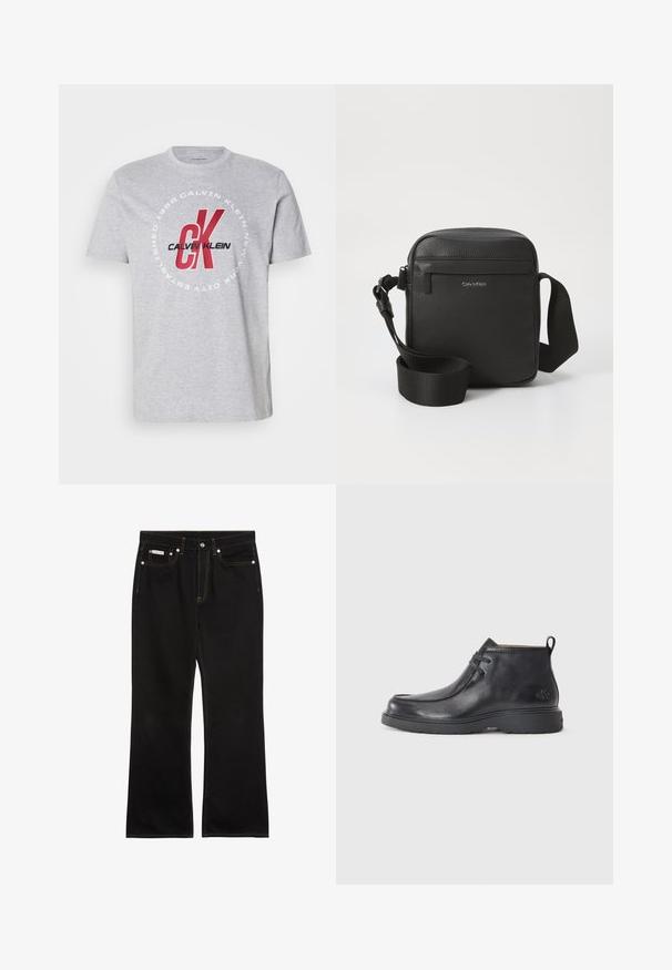 Camiseta de algodón gris con cuello redondo, mangas cortas y un gráfico central con "Calvin Klein" y "CK" en rojo y negro.; Vaqueros negros de pierna recta con costuras naranjas, cinco bolsillos, cierre de botón y una pequeña etiqueta Calvin Klein en el bolsillo delantero derecho.; Botas de cuero negras hasta el tobillo con punta redondeada, diseño con cordones y una lengüeta en la parte trasera. Parte superior texturizada y suela de goma.; Bolso cruzado de cuero negro con un acabado texturizado, que cuenta con un bolsillo frontal con cremallera y una correa de tela ajustable. Logo de la marca visible.