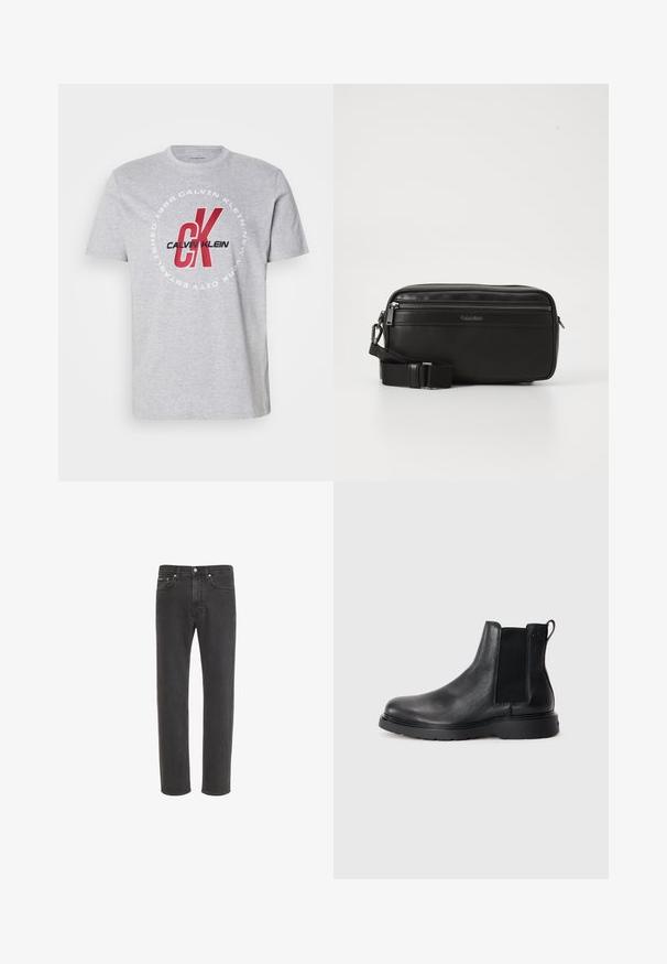 Grijze katoenen t-shirt met ronde hals, korte mouwen en een centrale afbeelding met "Calvin Klein" en "CK" in rood en zwart.; Zwarte rechte denim jeans met knoop- en ritssluiting aan de voorkant, voor- en achterzakken, weergegeven op een witte achtergrond.; Zwarte leren Chelsea boots met een gestructureerde afwerking, elastische zijpanelen en een stevige rubberen zool. Subtiele branding op de hiel.; Zwarte leren schoudertas met een ritsvak, gestructureerd oppervlak, verstelbare schouderband en Calvin Klein-logo op de voorkant.