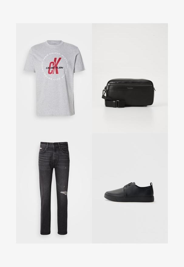 Grå bomulds t-shirt med rund halsudskæring, korte ærmer og et centralt grafik med "Calvin Klein" og "CK" i rød og sort.; Sorte denim jeans med lige ben-design, distressed detaljer ved knæene, fem-lommestil og en diskret falmet finish.; Sorte lædersneakers med en glat finish, rund tå, tonalt syning, snøring foran og en flad gummisål. Løkke ved hælen.; Sort læder crossover taske med en lynlåslomme, tekstureret overflade, justerbar rem og Calvin Klein-branding på forsiden.