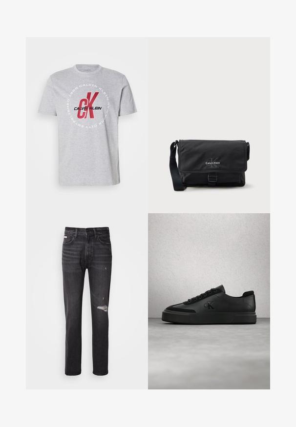 Camiseta de algodón gris con cuello redondo, mangas cortas y un gráfico central con "Calvin Klein" y "CK" en rojo y negro.; Jeans de mezclilla negra con un diseño de pierna recta, detalles desgastados en la rodilla, estilo de cinco bolsillos y un sutil acabado deslavado.; Zapatilla deportiva negra de corte bajo con cordones y logo en relieve, flotando sobre un suelo de hormigón pulido cerca de una pared con paneles de vidrio.; Bolso mensajero negro hecho de tela duradera, con cierre de solapa, hebilla frontal y logo de Calvin Klein en plata. Incluye correa ajustable.