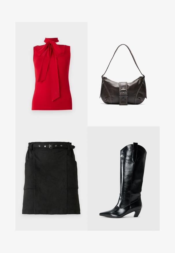 Top sin mangas rojo con cuello alto y detalle de lazo. Tela suave con un diseño entallado, sin patrones ni herrajes visibles.; Falda de ante negra con una forma ajustada, que incluye pasadores para cinturón, una hebilla y dos bolsillos laterales. Textura suave, diseño hasta las rodillas.; Botas de cuero negras hasta la rodilla con punta afilada, tacón bajo y detalle de costura decorativa en los laterales. Acabado suave y brillante.; Bolso de hombro de cuero marrón con forma curva, que presenta un prominente detalle de hebilla, costuras en contraste y una sola correa para el hombro.