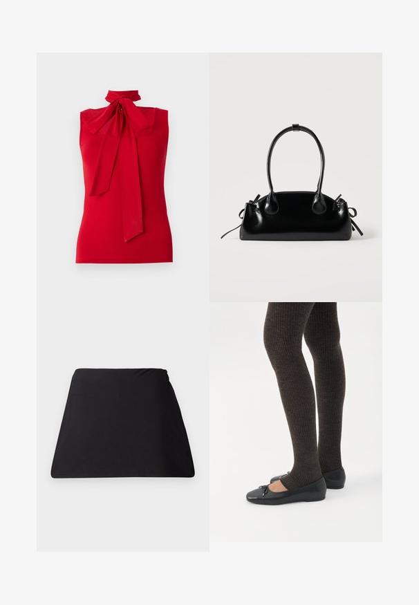 Top sin mangas rojo con cuello alto y detalle de lazo. Tela suave con un diseño entallado, sin patrones ni herrajes visibles.; Cubierta de tela trapezoidal negra con textura suave, diseño sin costuras y sin hardware visible. Forma simplista adecuada para múltiples usos.; Piernas con leggings oscuros acanalados combinados con bailarinas negras que presentan pequeños detalles de lazo sobre un fondo blanco.; Pequeño bolso negro brillante con dos asas largas y detalles de cordón lateral sobre un fondo claro liso.