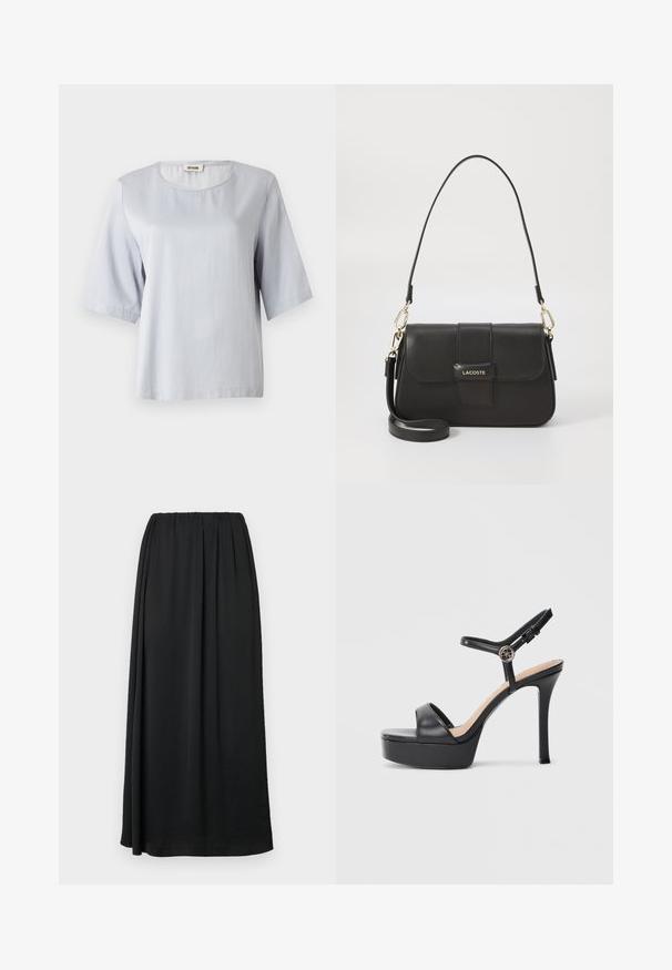 Top corto de manga corta en gris claro con un escote redondo, hecho de una tela suave. Diseño simple con un corte holgado, que presenta bordes limpios y sin adornos.; Falda maxi negra con cinturilla elástica, confeccionada en una tela suave y ligera. Presenta una silueta fluida y sin estampados visibles.; Sandalias de plataforma negras con tacón alto de aguja, con empeine de cuero liso, diseño de punta abierta y una correa ajustable en el tobillo con herrajes.; Bolso de cuero negro con forma rectangular, herrajes dorados y cierre con solapa. Presenta una correa para el hombro desmontable y un acento de marca.