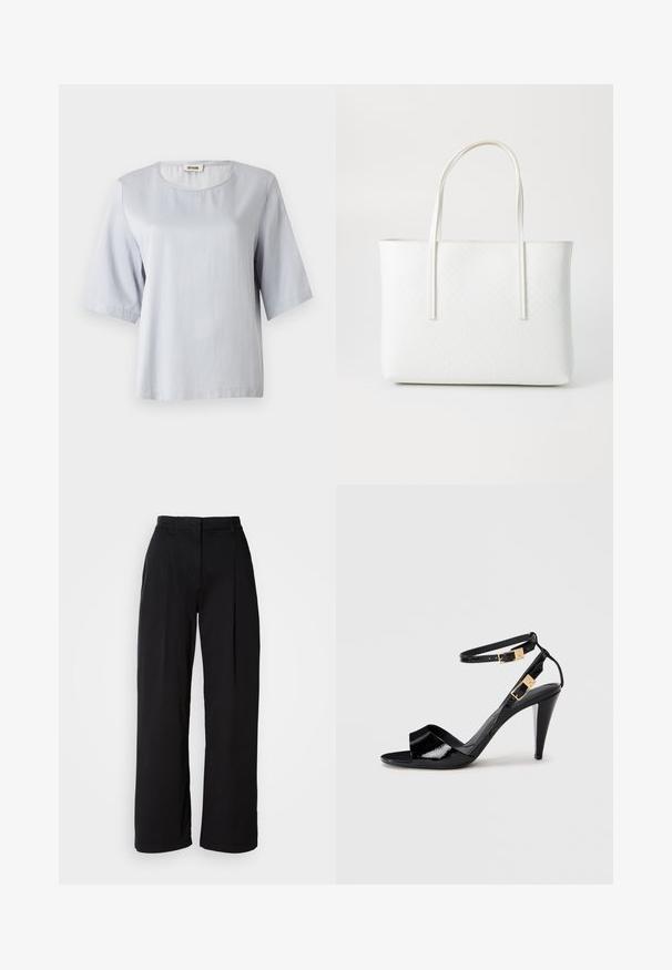 Top corto de manga corta en gris claro con un escote redondo, hecho de una tela suave. Diseño simple con un corte holgado, que presenta bordes limpios y sin adornos.; Pantalones de pierna ancha negros con cintura alta, hechos de una tela suave, con pliegues frontales y un corte clásico. Sin herrajes ni patrones visibles.; Sандalia de tacón alto de charol negro con dobles correas en el tobillo y hebillas doradas, punta abierta y tacón delgado y afilado sobre un fondo neutro.; Bolso tote blanco con un sutil patrón geométrico de diamantes y doble asa para el hombro, frente a un fondo liso claro.