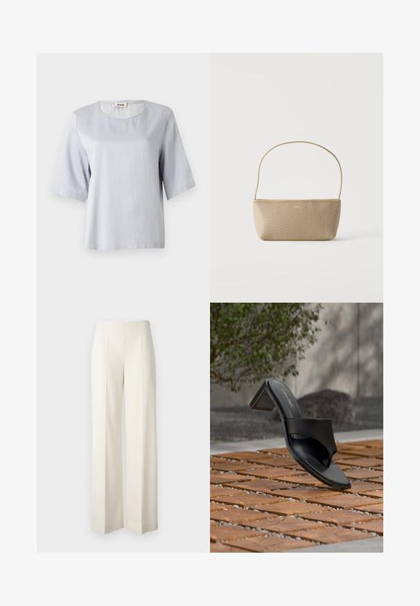 Haut gris clair à manches courtes avec un col rond, en tissu doux. Design simple avec une coupe ample, présentant des bords nets et sans ornements.; Pantalons larges blancs en tissu lisse avec plis avant. Conçus avec une taille haute et une finition soignée.; Sandale à talon noire Calvin Klein avec boucle pour l’orteil, posée sur un sol en carreaux de bois en extérieur, près d’un arbre et d’un mur en pierre.; Sac à main tissé beige avec fine bandoulière et petit logo doré "BOSS" à l'avant, présenté sur fond blanc uni.