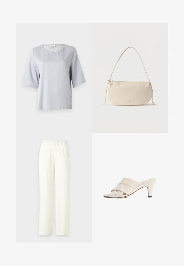 Top corto de manga corta en gris claro con un escote redondo, hecho de una tela suave. Diseño simple con un corte holgado, que presenta bordes limpios y sin adornos.; Pantalones de pierna ancha en crema claro con una cinturilla elástica para mayor comodidad. Tejido suave con un diseño fluido; sin patrón ni acentos visibles.; Mules de tacón alto beige con diseño de tira de cuero torcida, punta abierta y detalle de logotipo en relieve. El tacón tiene un detalle en punta negra.; Bolso pequeño de color crema para llevar al hombro, con una sola correa, cierre de cremallera y un sutil logo de la marca en dorado en el frontal.