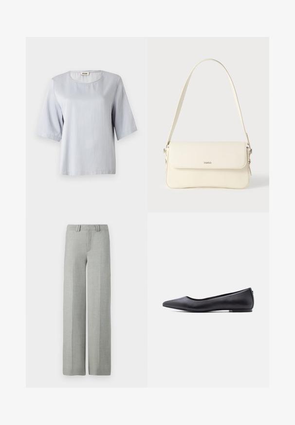 Top corto de manga corta en gris claro con un escote redondo, hecho de una tela suave. Diseño simple con un corte holgado, que presenta bordes limpios y sin adornos.; Pantalones gris de pierna ancha en una tela ligera, con un frente plano, presillas para cinturón y líneas limpias y ajustadas sin patrones visibles.; Zapato plano de cuero negro con punta puntiaguda y tacón bajo, mostrado de perfil contra un fondo blanco.; Bolso de hombro de cuero color crema con cierre de solapa, herrajes plateados, una sola correa ajustable y detalles sutiles con el logo.