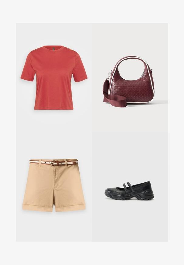 Koraalrood t-shirt met korte mouwen, gemaakt van katoen, met een ronde hals en drie gouden knopen op de linkerschouder. Soepele textuur.; Beige hooggetailleerde katoenen shorts met opgerolde pijpen, een voorrits, riemlussen en een dunne bruin-wit gestreepte riem met gesp.; Zwarte leren mary jane flats met twee verstelbare straps, een ronde neus en een gestructureerde rubberen zool voor extra grip.; Donkerrode geweven leren handtas met gebogen handvat, witte bies, zilveren rits en afneembare brede stoffen schouderriem tegen een effen achtergrond.