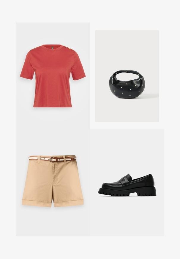 Koraalrood t-shirt met korte mouwen, gemaakt van katoen, met een ronde hals en drie gouden knopen op de linkerschouder. Soepele textuur.; Beige hooggetailleerde katoenen shorts met opgerolde pijpen, een voorrits, riemlussen en een dunne bruin-wit gestreepte riem met gesp.; Zwarte leren loafer met een dikke zool, voorzien van een gladde afwerking en subtiele stiksel details. De zool heeft diepe groeven voor grip.; Zwarte leren handtas met een afgeronde vorm, versierd met zilveren studs, en een korte handgreep. Gladde textuur en ritsluiting.