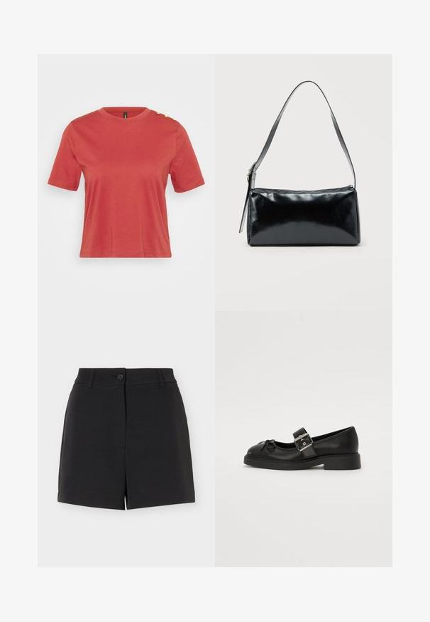 Koraalrood t-shirt met korte mouwen, gemaakt van katoen, met een ronde hals en drie gouden knopen op de linkerschouder. Soepele textuur.; Zwarte op maat gemaakte shorts met ceintuurlussen, knoopsluiting en detail van de voorste split, afgebeeld tegen een witte achtergrond.; Zwarte leren Mary Jane-schoen met een ronde neus, enkelband en details met zilveren gesp. Heeft een platte, chunkyzool en een strikaccent.; Zwarte rechthoekige schoudertas met een enkele verstelbare band en een bovenste ritssluiting op een effen achtergrond.