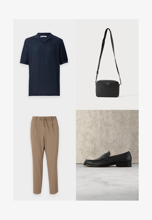 Samsøe Samsøe SATRAVIS POLO - Polo - salute; Pantalones beige ajustados con cintura ajustable, bolsillos laterales y textura suave. Sin patrones visibles ni acentos adicionales.; Zapato mocasín de cuero negro flotando sobre una alfombra beige con una mesa redonda marrón brillante al fondo.; Bolso bandolera rectangular negro con correa ajustable y logo BOSS en la parte delantera, sobre un fondo claro liso.