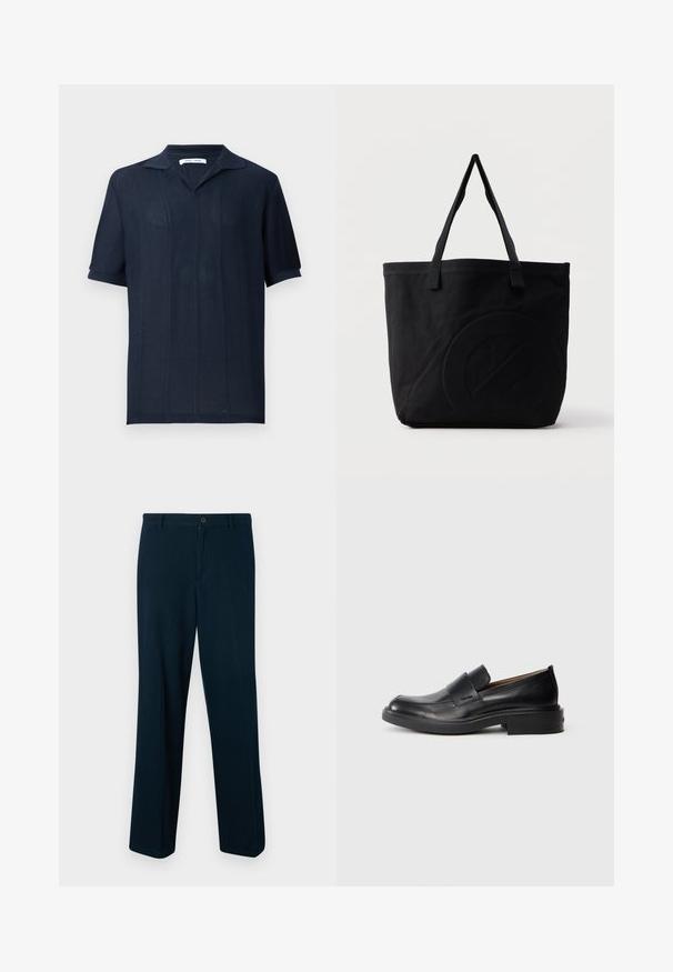 Samsøe Samsøe SATRAVIS POLO - Polo - salute; Pantalons bleu marine en tissu lisse, dotés d'une fermeture à bouton, d'une coupe droite et d'un design minimaliste.; Chaussure habillée noire en cuir, à enfiler, avec un petit talon et un logo Calvin Klein discret sur le côté, présentée de profil sur un fond blanc.; Sac fourre-tout en toile noire avec deux bandoulières et un motif circulaire discret en relief sur le devant.