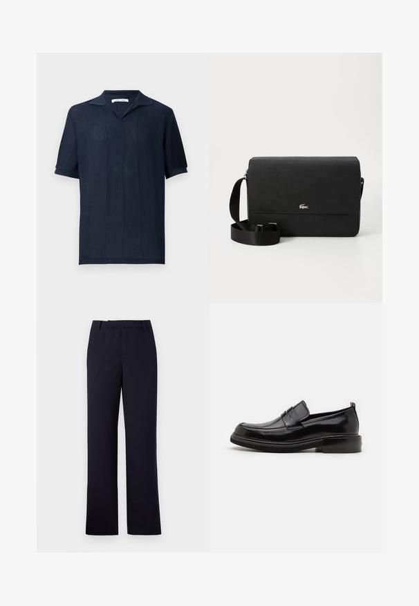 Samsøe Samsøe SATRAVIS POLO - Poloshirts - salute; Libertine-Libertine DECADE TAILORED - Bukser - navy; Calvin Klein MOCCASIN - Business loafers - black; Sort læder crossbody taske med en glat overflade, en frontklap, sølv logo accent og en justerbar stofrem.