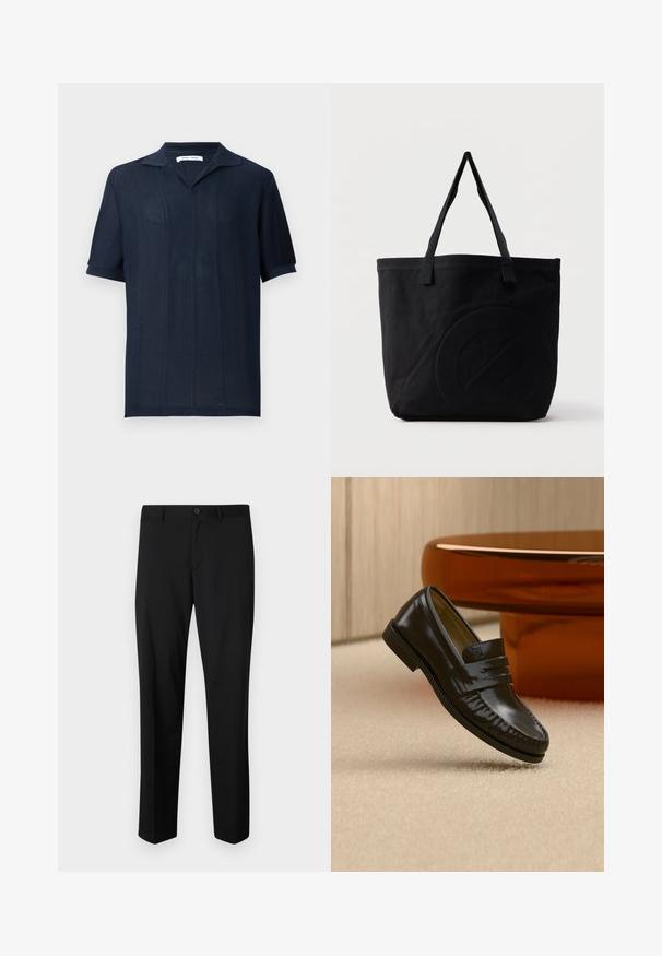 Samsøe Samsøe SATRAVIS POLO - Polo - salute; Pantalones de traje negros con frente plano, cintura estándar y piernas rectas. Hechos de una tela suave, con un cierre de botón único.; Mocasín de cuero negro brillante con detalle de correa, colocado sobre una alfombra beige cerca de una mesa de café redonda marrón en una habitación con iluminación suave.; Bolsa tote de lona negra con dos correas para el hombro y un diseño circular en relieve sutil en el frente.