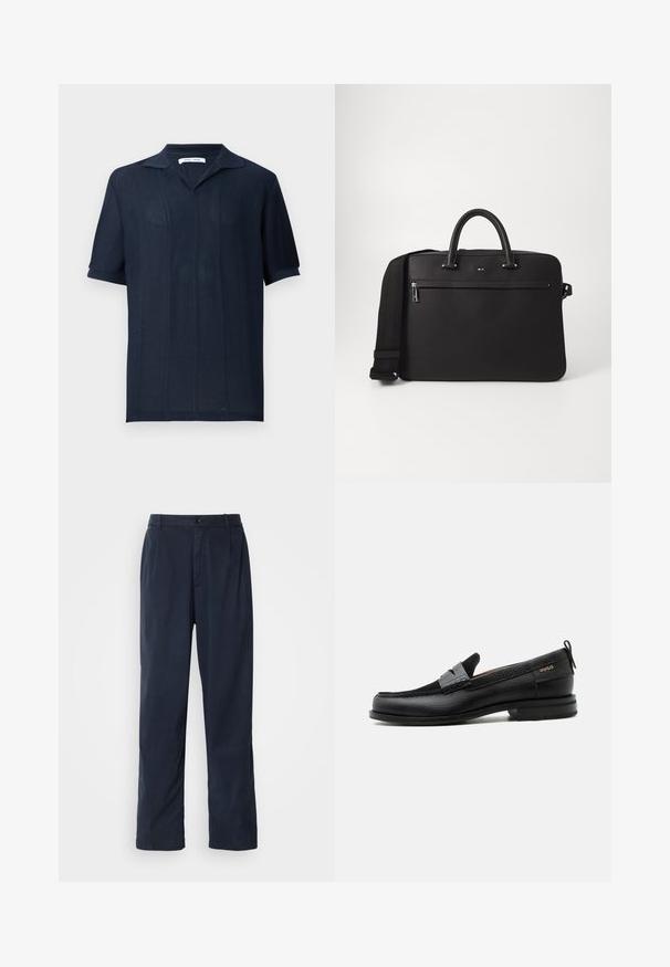 Samsøe Samsøe SATRAVIS POLO - Polo - salute; Pantalones azul marino de mezcla de algodón. Cuentan con un diseño de pierna recta, cierre frontal con boton, y pliegues sutiles. Textura suave.; Mocasín de cuero negro con detalle de tira gris, tacón bajo y suela texturizada, con la marca "HUGO" en oro en el lateral.; Bolso de piel negra con textura suave, doble asa superior y una correa de hombro desmontable. Cuenta con un bolsillo delantero con cremallera y detalle del logo.