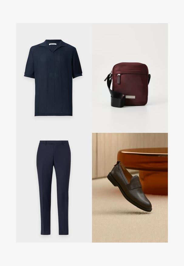 Samsøe Samsøe SATRAVIS POLO - Poloshirt - salute; Marineblauwe op maat gemaakte broek met een strak ontwerp, platte voorkant, smalle benen en zonder zichtbare bevestigingsmiddelen of patronen. Glad stoffen textuur.; Donkerbruine leren loafer met een lage hak zwevend boven een beige tapijt, naast een glanzende, afgeronde, amberkleurige tafel.; Bordeaux schoudertas van gladde stof met hardware in zilvertint, verstelbare zwarte schouderband en een voorzak met rits. Voorzien van een logo-plaatje.