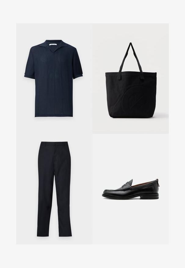 Samsøe Samsøe SATRAVIS POLO - Poloshirts - salute; Marineblå bukser lavet af glat stof, med lige ben design, en enkelt knaplukning og subtile forfald i fronten.; Sort læder herre loafer med moc-tå syning, penny strop, struktureret krave og lav stablet hæl på hvid baggrund.; Sort canvas-tote-taske med to skulderstropper og et diskret præget cirkeldesign på fronten.