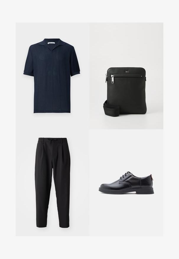 Samsøe Samsøe SATRAVIS POLO - Poloshirt - salute; Zwarte tapering broek met een elastische tailleband en trekkoord. Glad materiaal met een lichte textuur, voorzien van plooien en zijzakken.; Zwarte leren veter schoenen met een gladde textuur, ronde neus en subtiel stiksel detail. Voorzien van een rode trekband op de hiel.; Zwarte leren crossbodytas met een plat ontwerp, een gestructureerd oppervlak, ritssluiting, voorvak en een verstelbare stoffen riem.