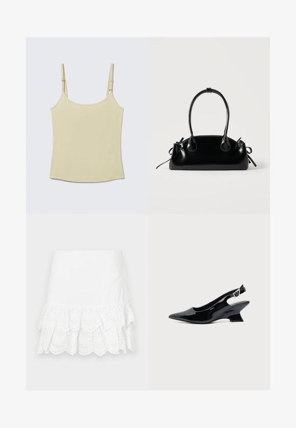 Light yellow ribbed camisole with adjustable thin shoulder straps, straight hem, laid flat on a neutral background.; White cotton skirt featuring a layered ruffle design with eyelet embroidery at the hem. Smooth texture, above knee length.; Black patent leather slingback shoe with pointed toe and low angled block heel on plain light background.; Small black glossy handbag with two long handles and side drawstring details on a plain light background.