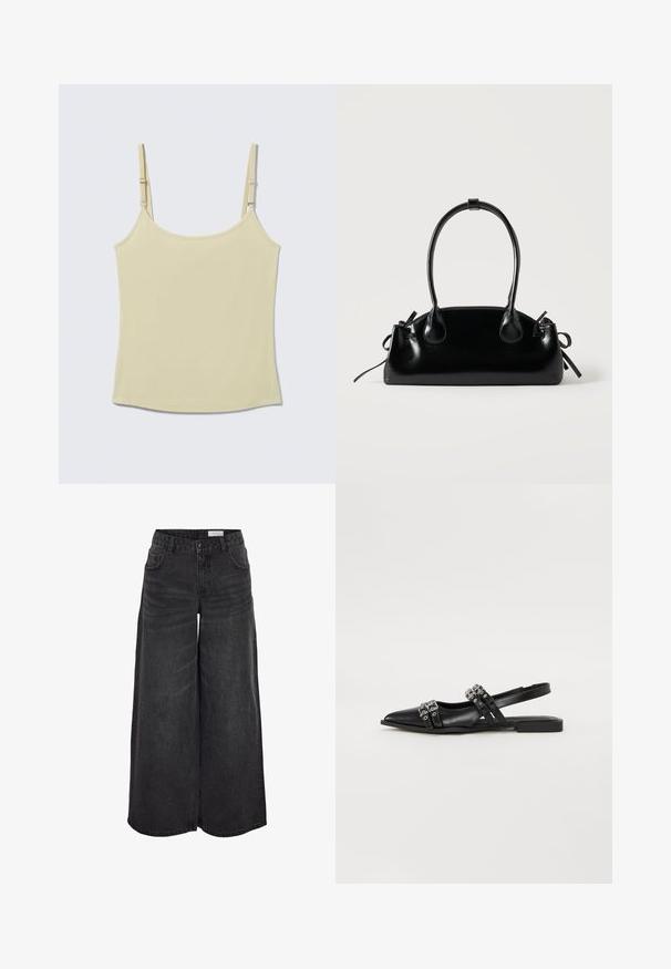 Camisole côtelée jaune clair avec fines bretelles réglables, ourlet droit, à plat sur un fond neutre.; Pantalons en denim noir à jambes larges avec taille haute, poches avant et texture subtile ; conçus pour un ajustement décontracté.; Even&Odd by Zalando Ballerines à brides arrière - black; Petit sac à main noir brillant avec deux longues anses et des détails à cordon sur les côtés sur un fond clair uni.