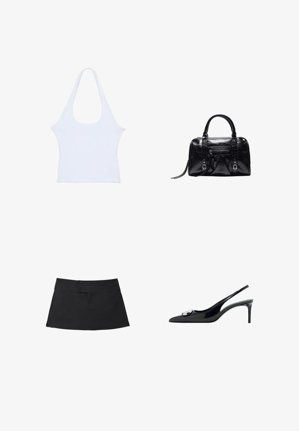 Haut sans manches blanc en tissu doux avec un large décolleté et des emmanchures allongées, présentant une texture lisse et un design minimaliste.; Jupe courte noire avec une large ceinture et des détails de couture simples, posée à plat sur un fond blanc.; Escarpin bride arrière en cuir verni noir avec bout pointu, talon fin et un accent métallique arrondi sur le dessus. Texture lisse.; Sac à main en cuir noir brillant avec deux poignées, poche zippée à l'avant, détails avec boucle et bandoulière pour poignet sur fond blanc.