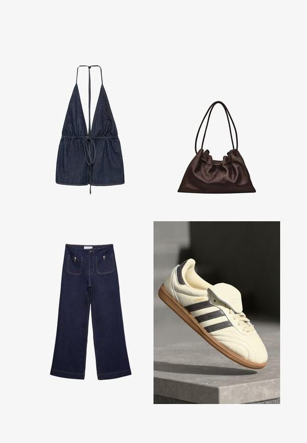 Jeans-overdel med en dyb V-udskæring og justerbare bånd. Har samlet stof ved taljen med en indsnævret design, i en mørkeblå nuance.; Mørkeblå vidde jeansbukser med høj talje, forlommer med metalknapper og synlige syninger.; Cremefarvede lædersneakers med tre mørke striber, en brun gummisål og en afrundet tå. Har en foldbar tunge mærket "SAMBA."; Blød mørkebrun læderhåndtaske med en slasket form og to tynde skulderstropper mod en hvid baggrund.