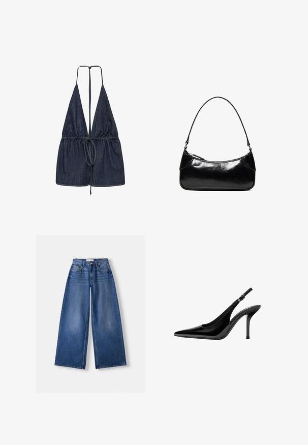Jeans-overdel med en dyb V-udskæring og justerbare bånd. Har samlet stof ved taljen med en indsnævret design, i en mørkeblå nuance.; Bredbenet blå denimjeans med forlommer, bæltestropper og knaplukning, lagt fladt på en lys baggrund.; Sort laklæder slingback højhælet sko med spids tå og justerbar rem med spænde på hvid baggrund.; Sort, blank skuldertaske i læder med et enkelt rum med lynlås og en tynd rem buet i en bueform.
