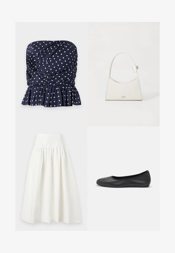 Haut bustier bleu marine à pois blancs, avec tissu froncé et ourlet volanté à la taille.; Jupe midi blanche taille haute avec un tissu froncé sous la ceinture et une silhouette évasée et fluide.; Ballerines en cuir noir avec un bout rond, texture lisse, détails de couture minimalistes et design de semelle flexible.; Sac à épaule en cuir blanc avec un dessus arrondi, petite pince à griffes sur la sangle et logo "Marc Jacobs" en argent au centre avant.
